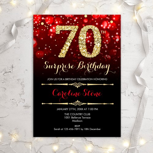 Surprise 70th Birthday _ Black Red Gold Invitation