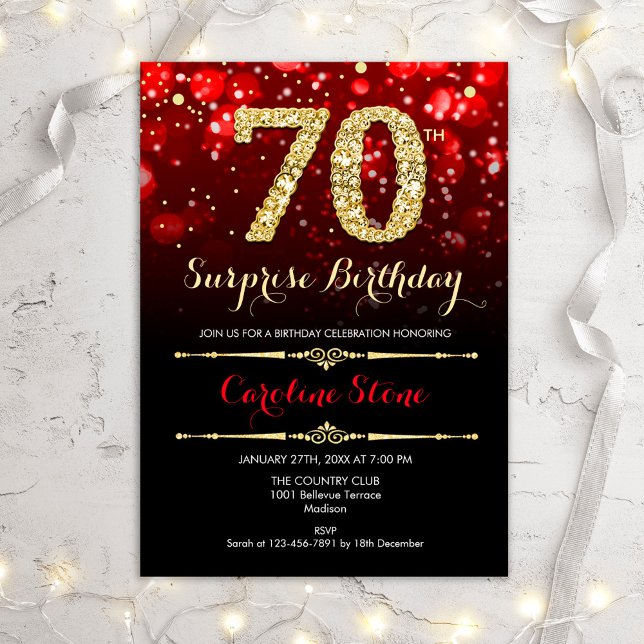 Surprise 70th Birthday - Black Red Gold Invitation (Creator Uploaded)