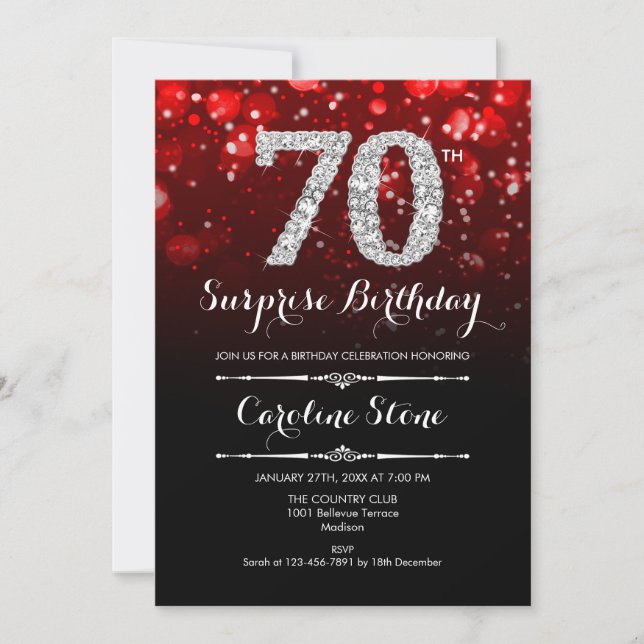 Surprise 70th Birthday - Black Red Silver Invitation (Front)