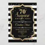 Surprise 70th Birthday - Black White Gold Invitation<br><div class="desc">Surprise 70th Birthday Invitation.
Classy design with with black and white stripes,  script font and glitter gold. Perfect for an elegant birthday party. Can be personalized to show any age. Message me if you need further customization.</div>