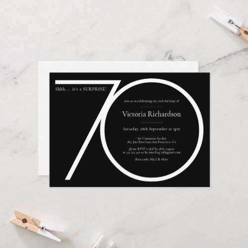 Surprise 70th Birthday Black White Minimalist Chic Invitation