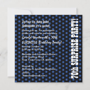 SURPRISE 70th Birthday Blue and Black Stars Invitation