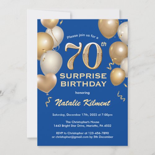 Surprise 70th Birthday Blue and Gold Balloons Invitation