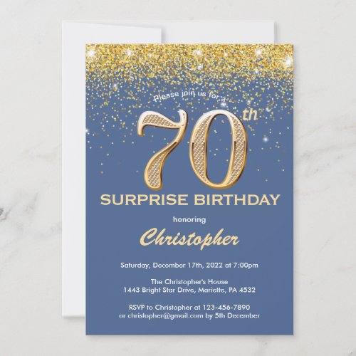 Surprise 70th Birthday Blue and Gold Glitter Invitation