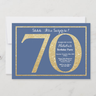 Surprise 70th Birthday Blue and Gold Glitter Invitation