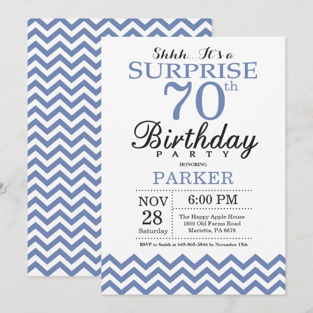 Surprise 70th Birthday Blue Chevron Invitation (Front/Back)