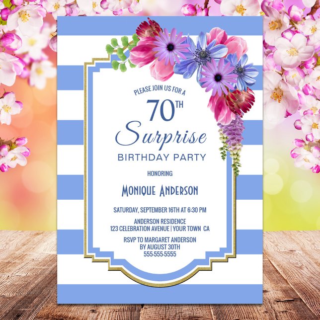 Surprise 70th Birthday Blue Striped Floral Party Invitation (Creator Uploaded)