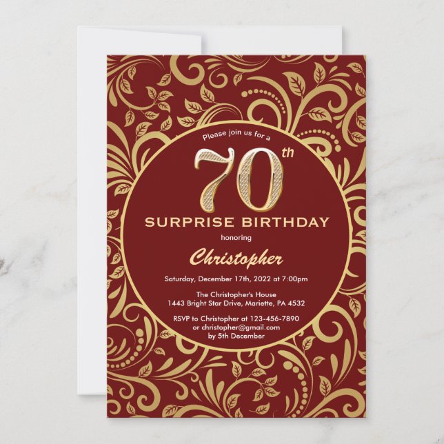 Surprise 70th Birthday Burgundy Red & Gold Floral Invitation (Front)
