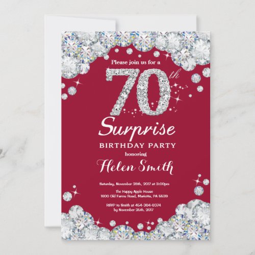Surprise 70th Birthday Burgundy Red Silver Diamond Invitation