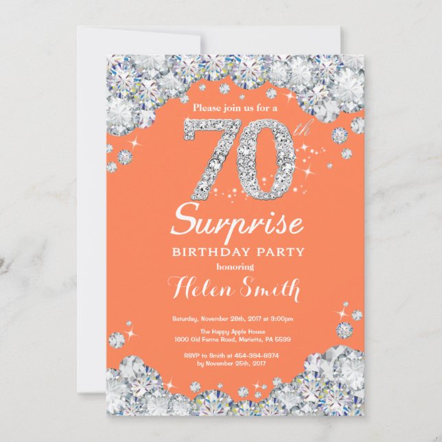 Surprise 70th Birthday Coral Silver Diamond Invitation (Front)