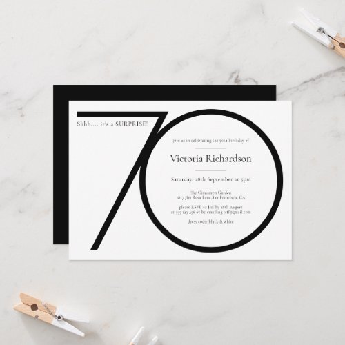 Surprise 70th Birthday Custom Black White Elegant Invitation