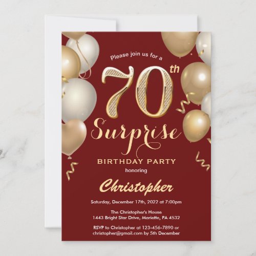 Surprise 70th Birthday Dark Red and Gold Balloons Invitation