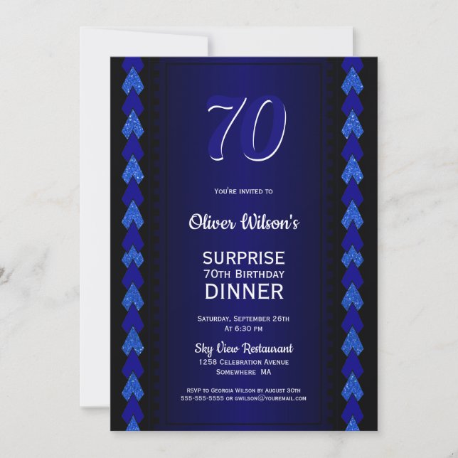 Surprise 70th Birthday Dinner Black and Blue Party Invitation (Front)