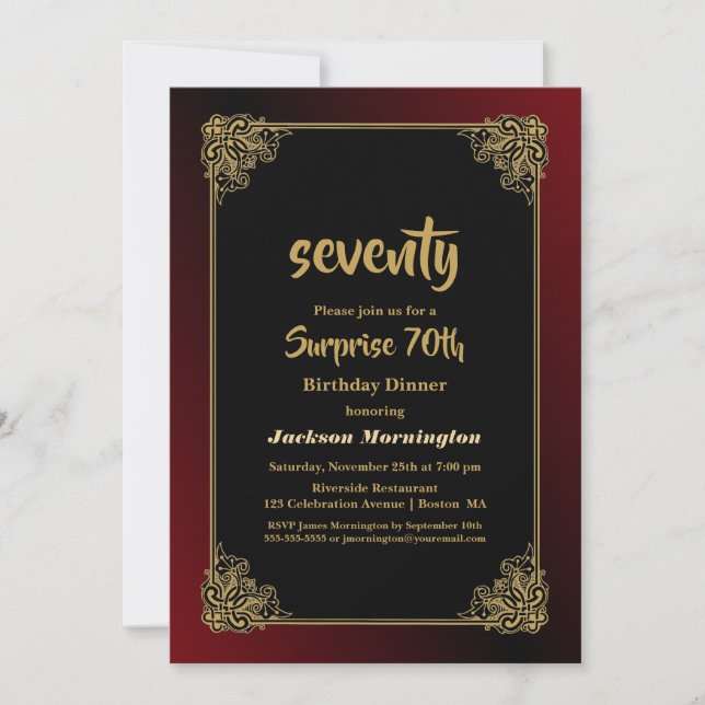 Surprise 70th Birthday Dinner Black Red Gold Invitation (Front)