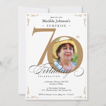Surprise 70th Birthday Elegant Gold White Photo Invitation | Zazzle