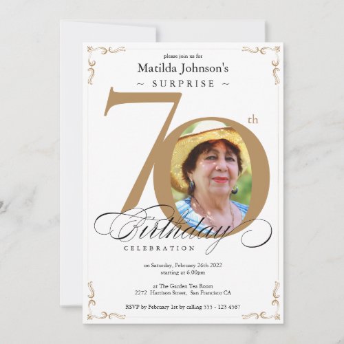 Surprise 70th Birthday Elegant Gold White Photo Invitation