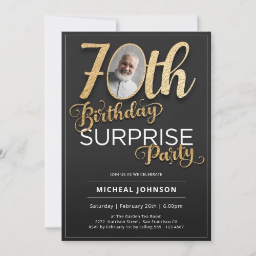 Surprise 70th Birthday Gold Black Custom Photo Invitation