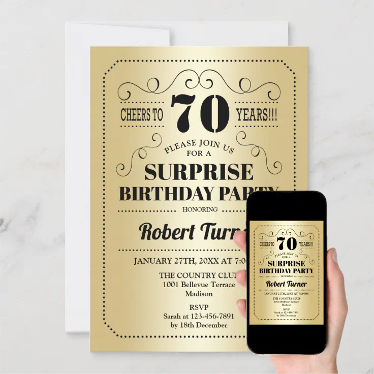 Surprise 70th Birthday - Gold Black Invitation | Zazzle