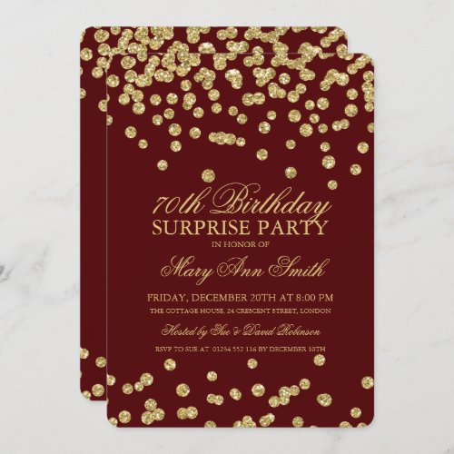 Surprise 70th Birthday Gold Glitter Burgundy Invitation