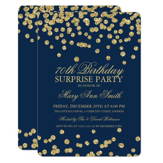 Surprise 70th Birthday Gold Glitter Navy Blue Invitation | Zazzle.com