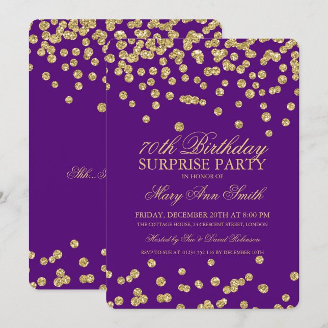 Surprise 70th Birthday Gold Glitter Purple Invitation (Front/Back)