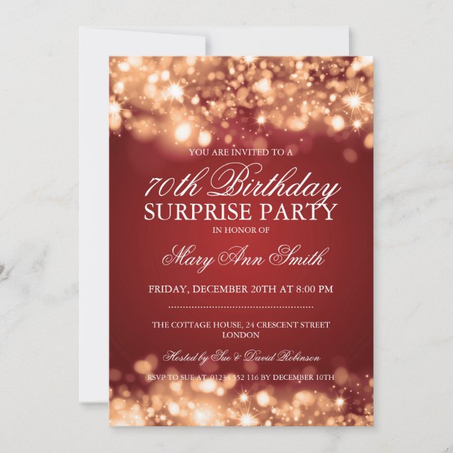 Surprise 70th Birthday Gold & Red Sparkling Lights Invitation (Front)