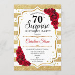 Surprise 70th Birthday - Gold White Red Invitation<br><div class="desc">Surprise 70th Birthday Invitation.
Feminine white,  red design with faux glitter gold. Features stripes,  red roses,  script font and confetti. Perfect for an elegant birthday party. Can be personalized to show any age. Message me if you need further customization.</div>