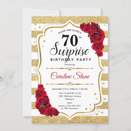 Surprise 70th Birthday _ Gold White Red Invitation