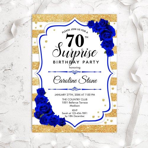 Surprise 70th Birthday _ Gold White Royal Blue Invitation