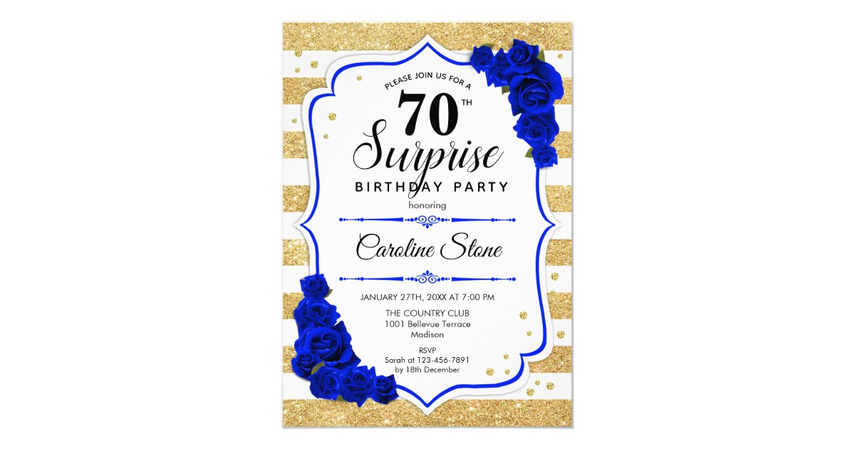Surprise 70th Birthday - Gold White Royal Blue Invitation | Zazzle.com