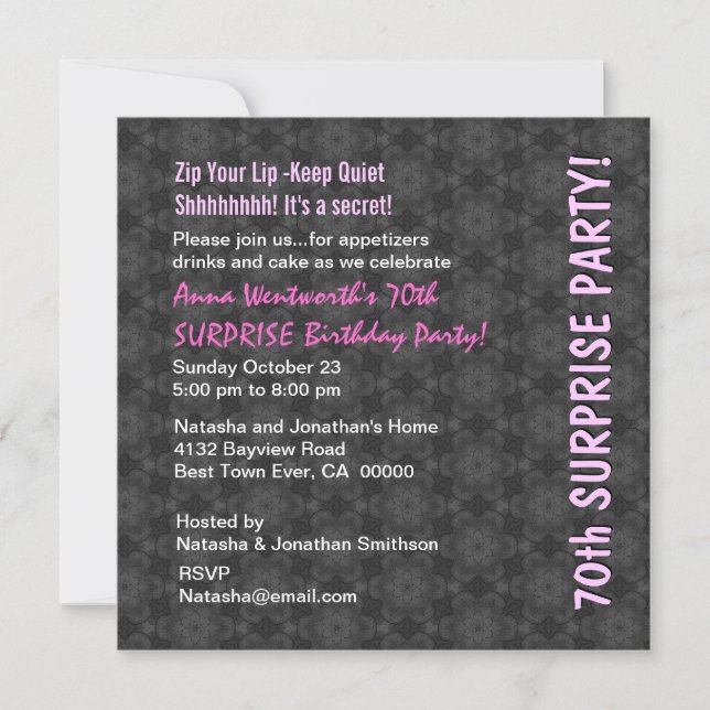 SURPRISE 70th Birthday Gray Pink Retro Pattern Invitation (Front)