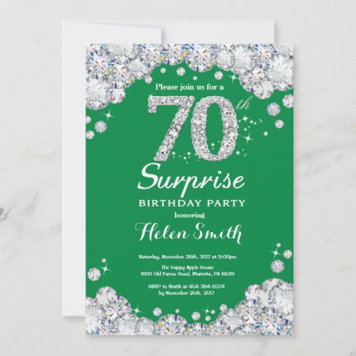 Surprise 70th Birthday Green and Silver Diamond Invitation
