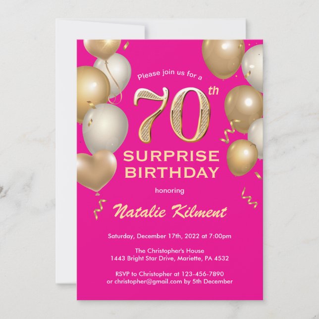 Surprise 70th Birthday Hot Pink and Gold Balloons Invitation (Front)
