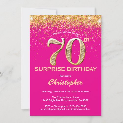Surprise 70th Birthday Hot Pink and Gold Glitter Invitation