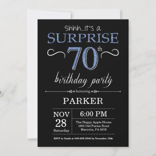 Surprise 70th Birthday Invitation Black and Blue