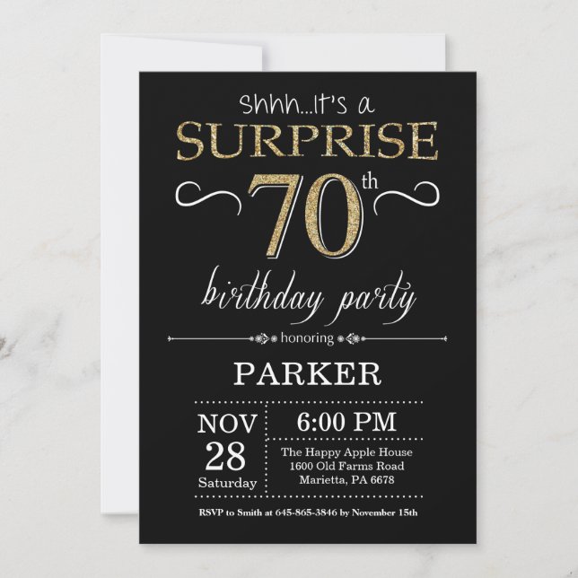 Surprise 70th Birthday Invitation Black and Gold (Front)