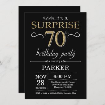 Surprise 70th Birthday Invitation Black and Gold | Zazzle