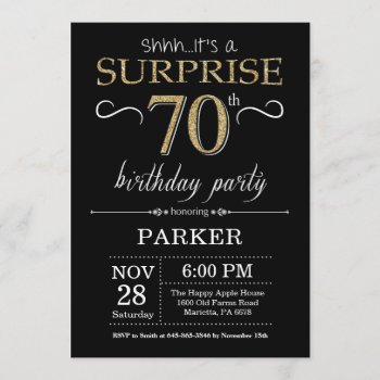 Surprise 70th Birthday Invitation Black And Gold by Happyappleshop at Zazzle