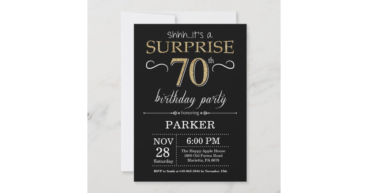 Surprise 70th Birthday Invitation Black and Gold | Zazzle