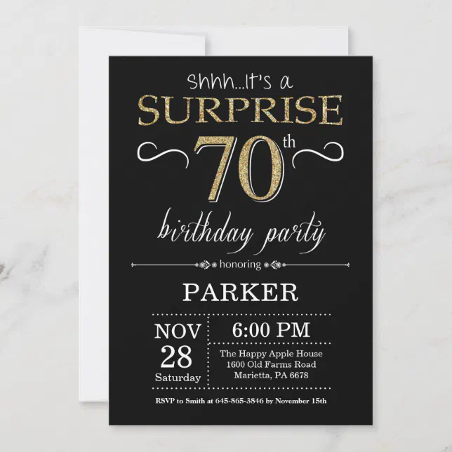 Surprise 70th Birthday Invitation Black and Gold | Zazzle