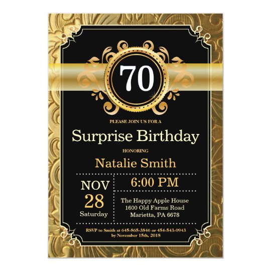surprise 70th birthday invitation black and gold zazzle com