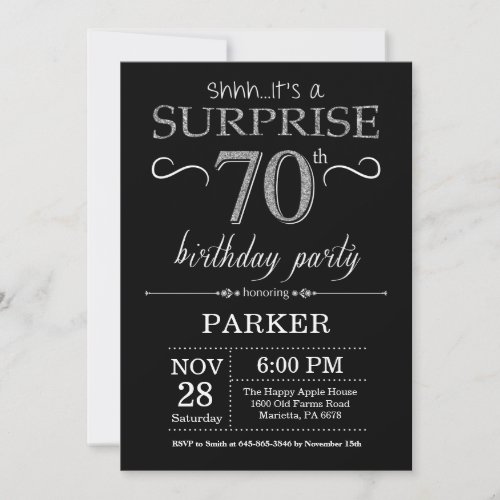 Surprise 70th Birthday Invitation Black and Silver