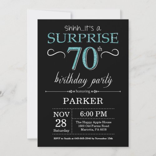 Surprise 70th Birthday Invitation Black and Teal