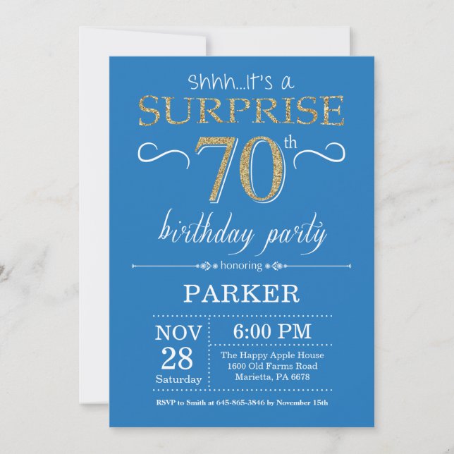 Surprise 70th Birthday Invitation Blue and Gold (Front)