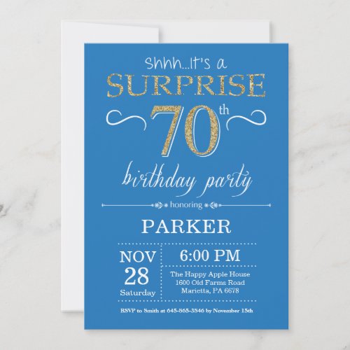 Surprise 70th Birthday Invitation Blue and Gold