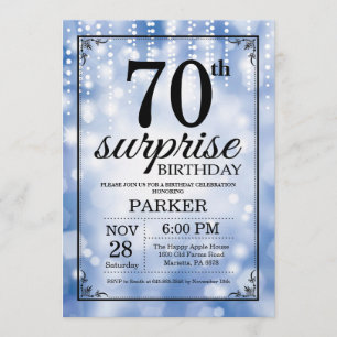 Surprise 70th Birthday Invitation Blue Glitter