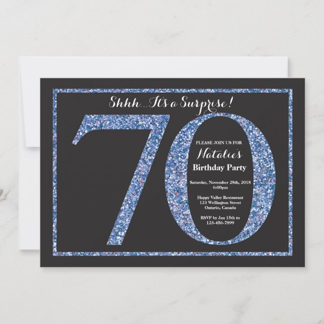 Surprise 70th Birthday Invitation Blue Glitter (Front)