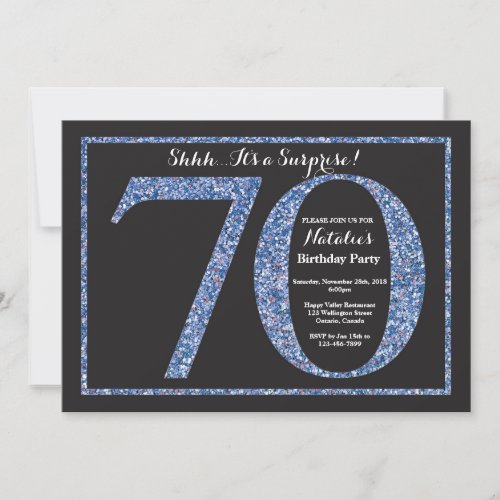 Surprise 70th Birthday Invitation Blue Glitter