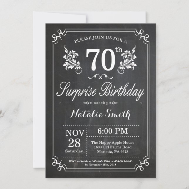 Surprise 70th Birthday Invitation Chalkboard (Front)