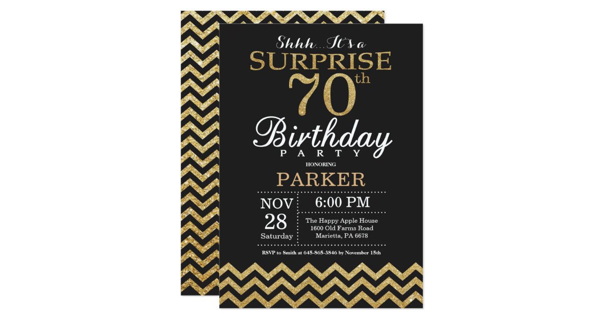Surprise 70th Birthday Invitation Gold Glitter | Zazzle.com